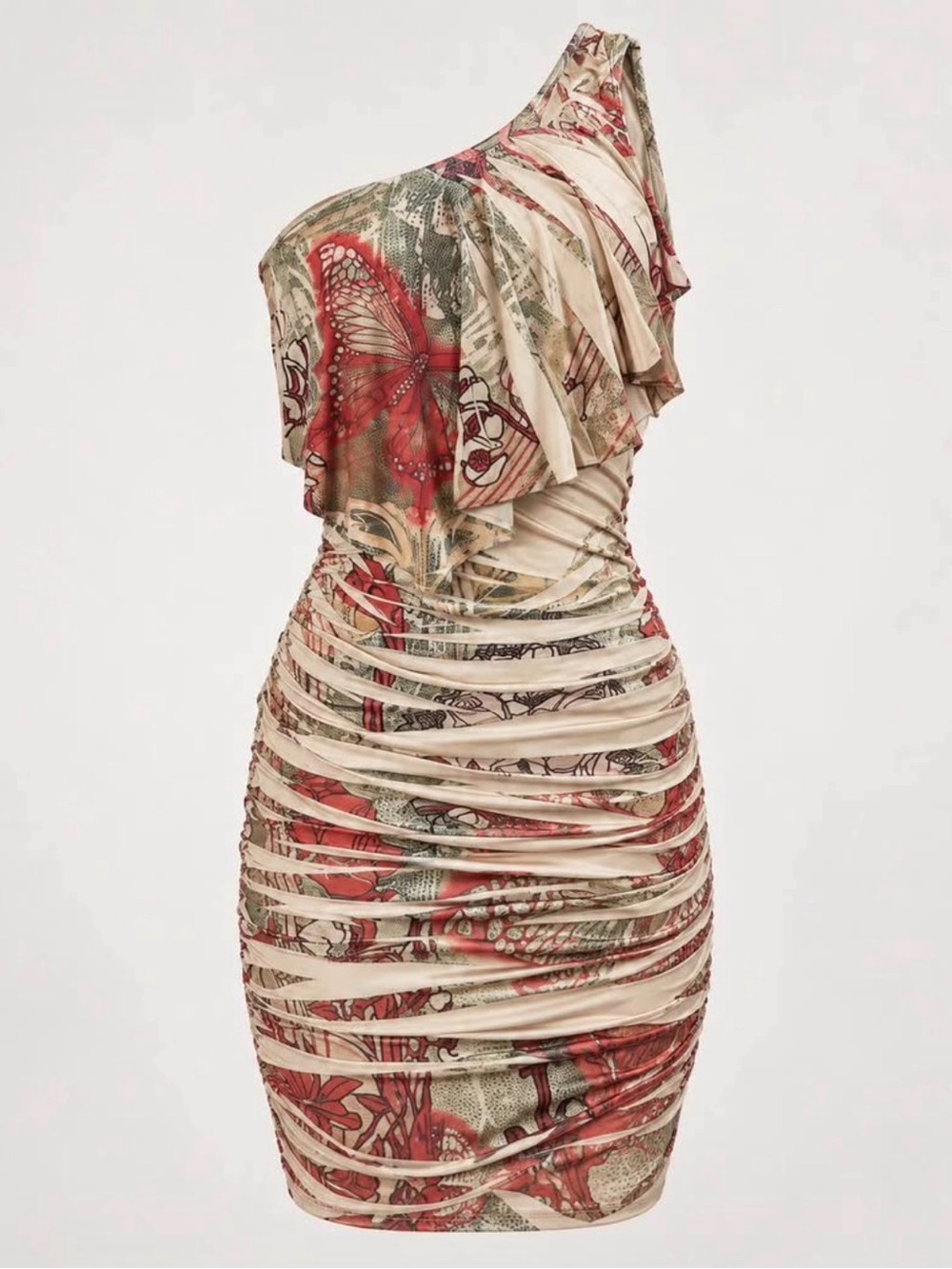 One-Shoulder Ruched Butterfly Print Mini Dress in Cream and Red y2k beige orange